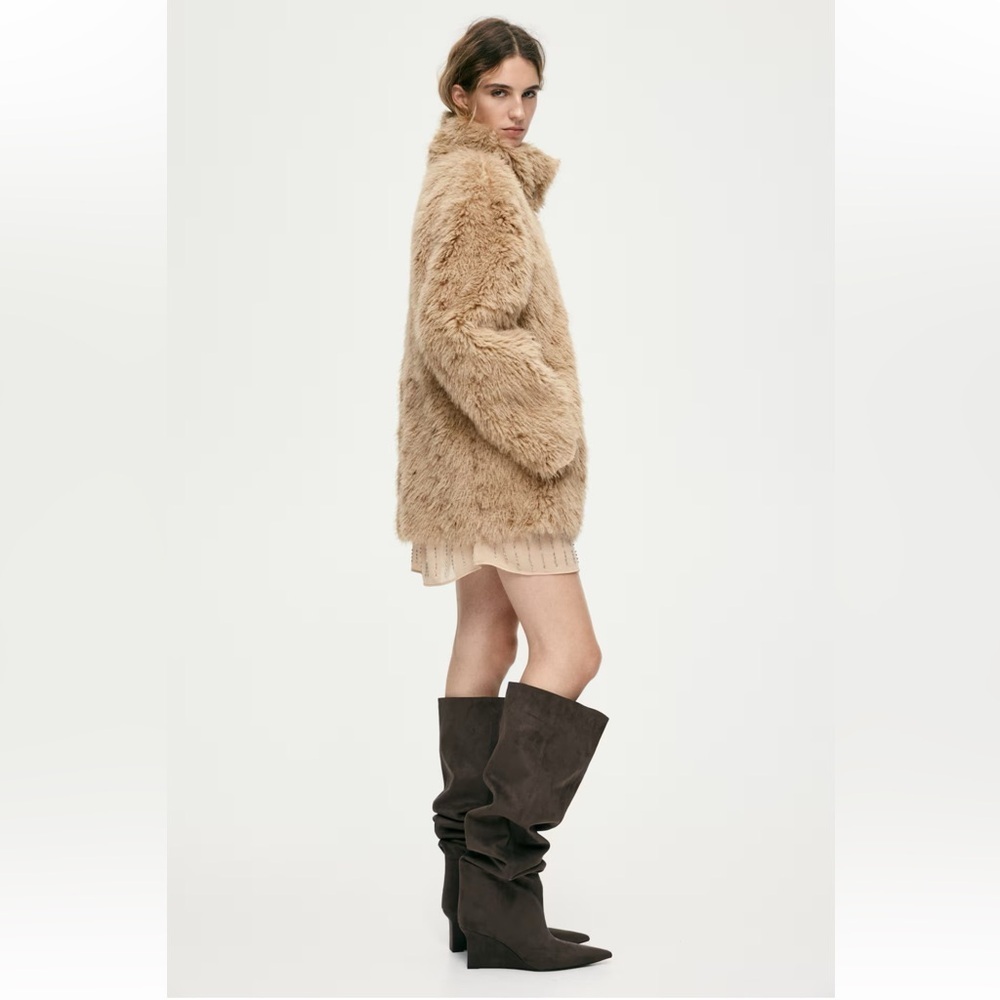 Stand-Up Collar Faux Fur Coat, H&M, Dark Beige, M - Picture 4 of 12
